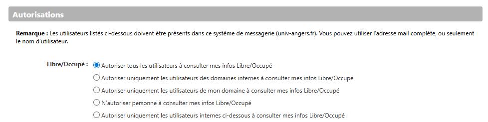 Capture d'écran Zimbra — paramètre accès anonyme calendrier